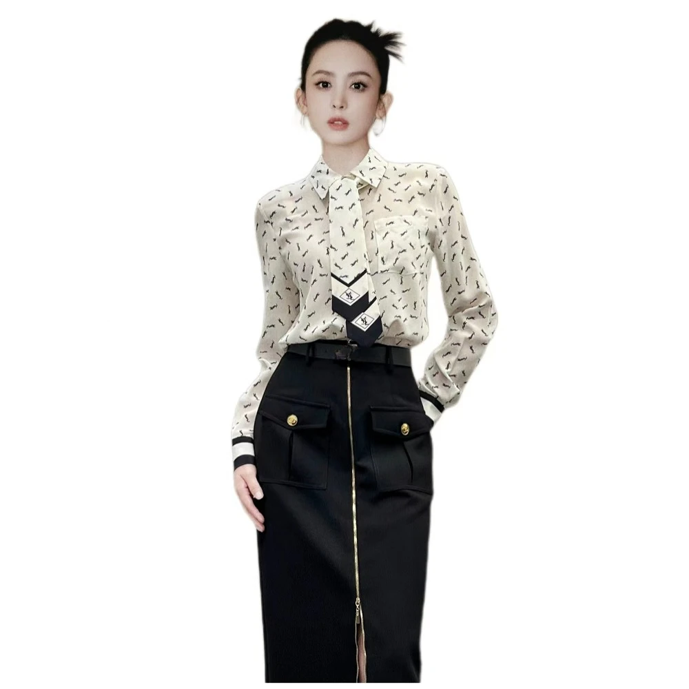 

High-quality Silk Printed Blouse Feminine Temperament 2023 Fall New Formal Commuter Long-sleeved Tie Blouse Slim Women Clothing