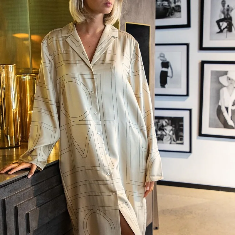

TOTE 2022 Summer Women Loose Midi Shirt Dress Silk Brand Dress High Quality
