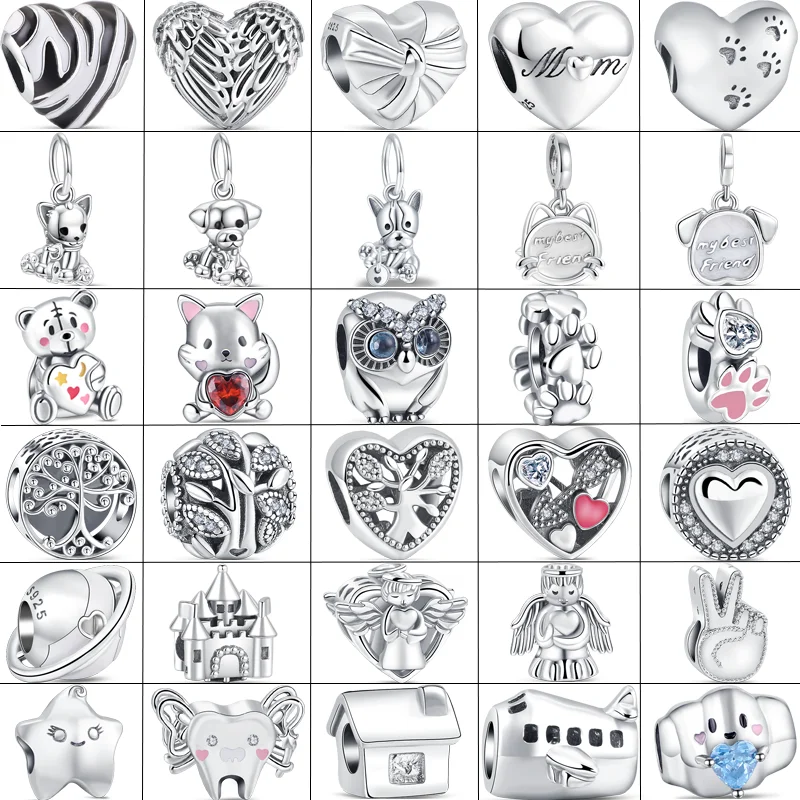 

925 Silver Lucky Cat Dog Owl Paw Print Angel Castle Mom Love Heart Beads Fit Original Pandora Charms Bracelet DIY Europe Jewelry