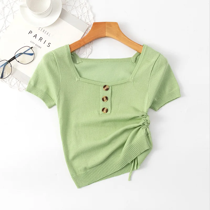 

2020 short sleeved knitted T-shirt women's short top White