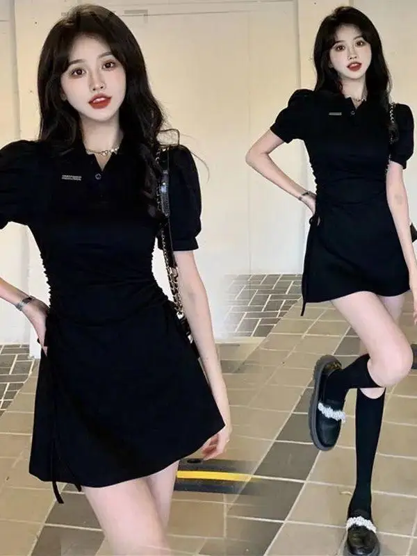 Женское платье-поло с воротником Новинка весна-лето 2024 пояс кулиской для