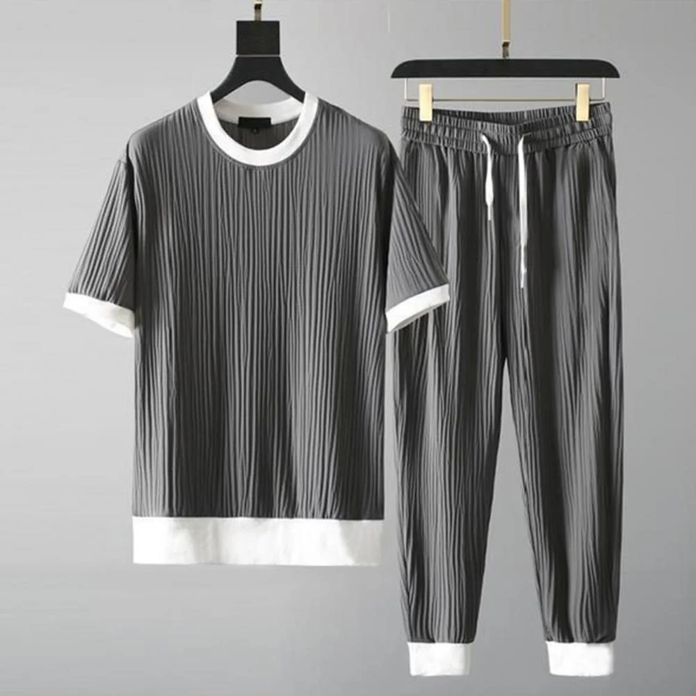 

Mens Fasion Classic Outfit Summer Top Pants Solid Color Pocket Stretcy Breatable O Neck Pleats Sirt+Trousers for Office