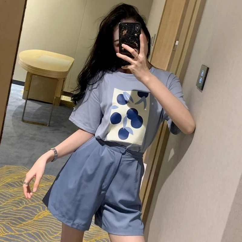 E GIRLS Sets Women Summer New Fashion Outfits All-match Print T-shirts Loose Two Piece Cute Ins  Female Shorts Casual Aesthetic