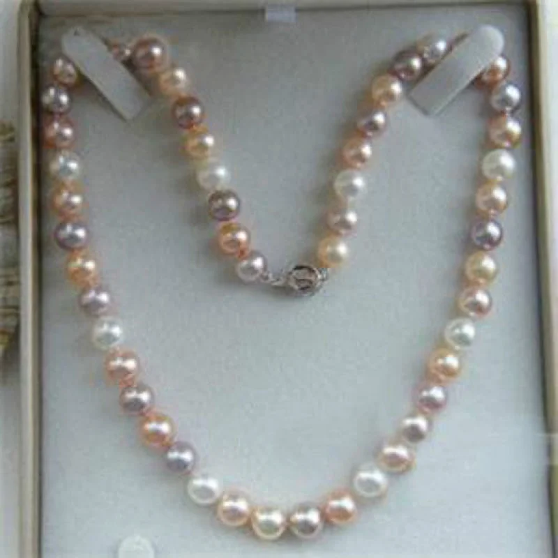 

7-8mm Genuine Natural White Pink Purple Akoya Cultured Pearl Necklace 18"