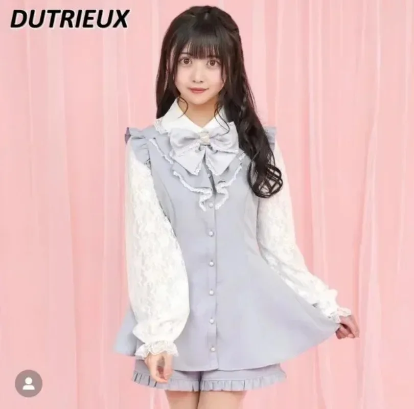 Фото Japanese Lolita Sc Suit Long-sleeved Bow Tops Lace Splicing Slimming Shirt and Leggings Shorts Sweet Cute Girls Two Piece Set №2
