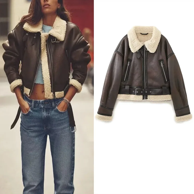 

Куртка женская двухсторонняя короткая с металлическими пряжками, на молнии