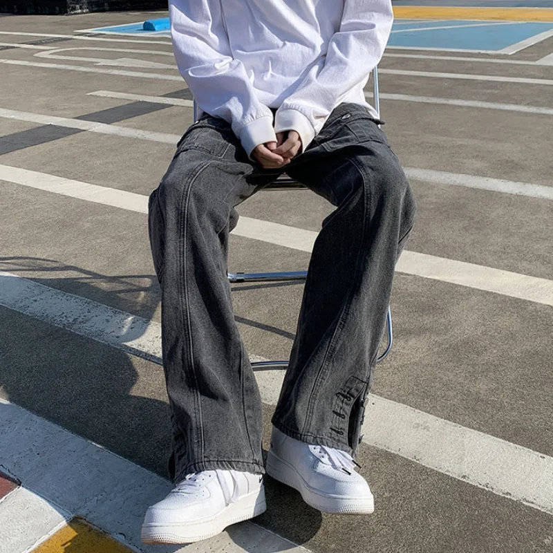 DEEPTOWN Black Cargo Jeans Men Retro Straight Denim Pants Pockets Button Trousers Male Fashion Streetwear Hip Hop Korean Spring