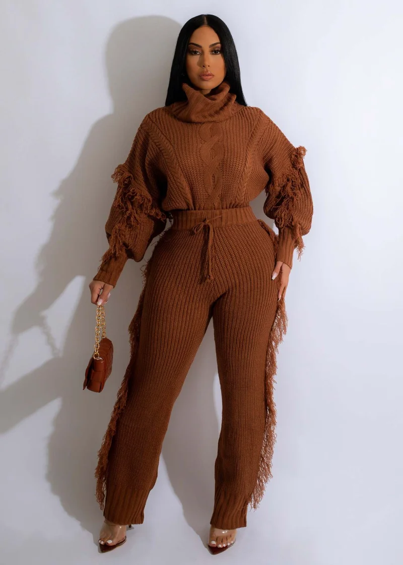 

WUHE Knit Rib Women Tracksuit Tassel Sleeve Turtleneck Sweater and Tassel Side Pants Suit Two 2 Piece Set Casual Street Outfits
