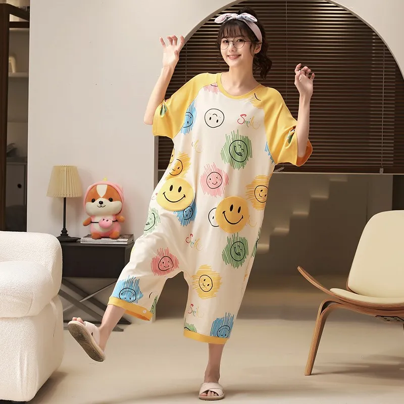 Cute Cartoons Onesies Costume For Women Nightdress Summer Pajamas Cotton Short Sleeve Jumpsuit Loose Home Wear Girl