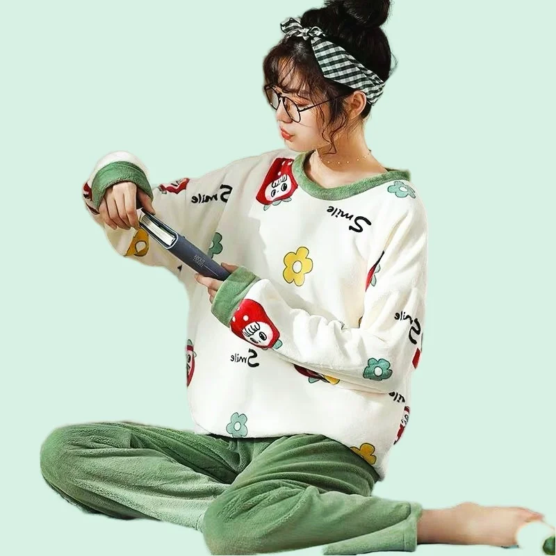 Women's Cozy Pajamas Set Flannel Pyjamas Cute Cartoon Print Homewear Full-Sleeve Long Pants 2Piece/Set Winter Sleepwear