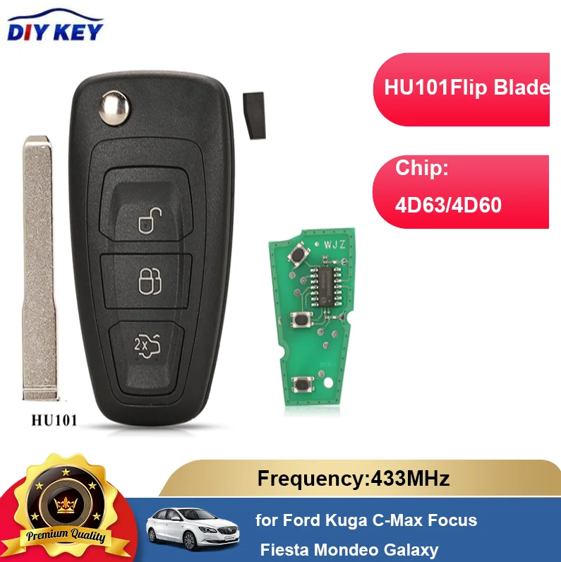 

DIYKEY For Ford Kuga C-Max Focus Fiesta Mondeo Galaxy HU101 Blade 3buttons Smart Remote Car Key 433MHz 4D60 / 4D63 Chip