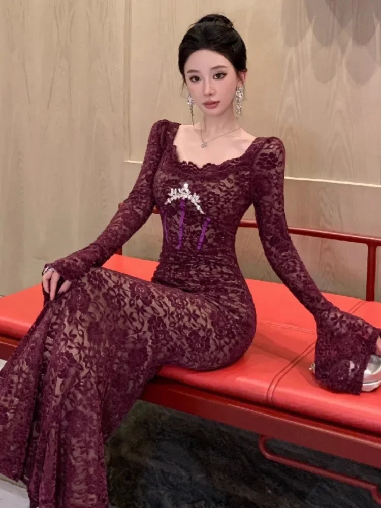 Платье-Русалка Женское кружевное с длинным рукавом