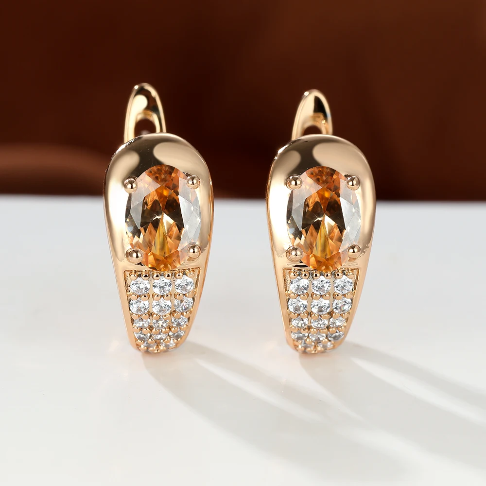 

14K Gold Plated Oval Cut AAA Zircon Champagne Hoop Earrings for Women Trendy Russian Hot Sale Cute Dangling Earrings Jewelry