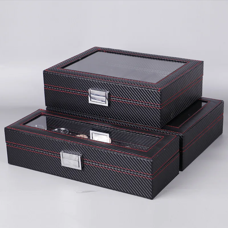 5/6/10/12 Slots Carbon Fiber Leather Watch Box Women Watches Organizer Jewelry Storage Male Box Portable Watch Holders Display