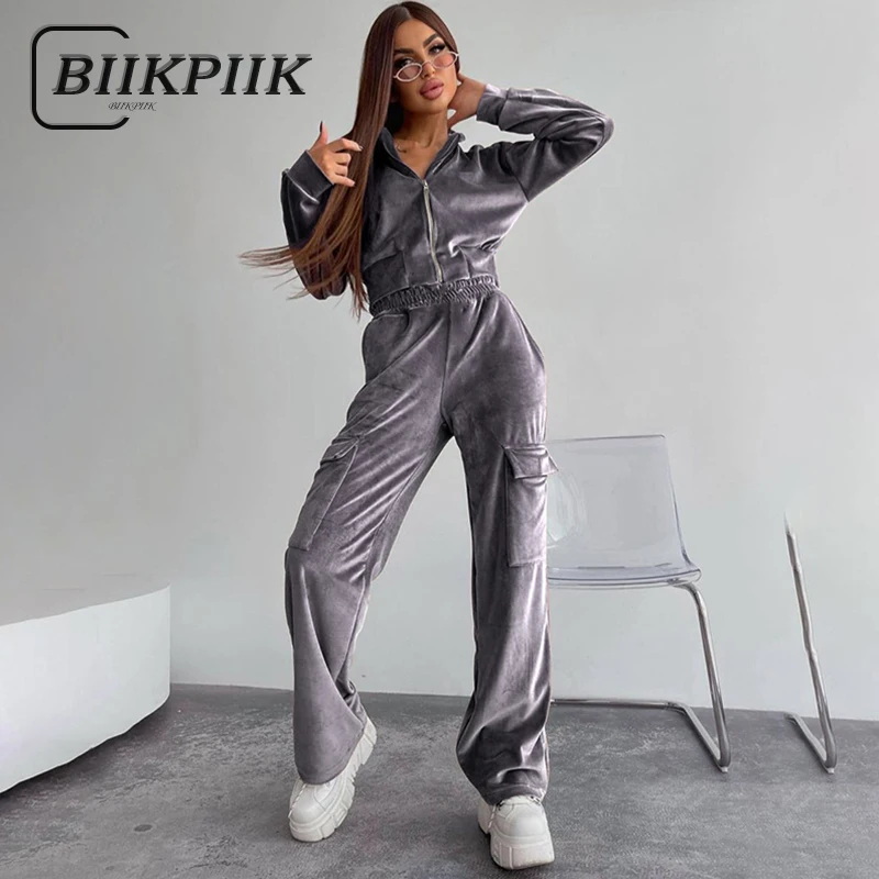 

BIIKPIIK Velvet Basual Two Piece Sets Zip Up Full Sleeve Jackets + Pockets High Waist Pants Matching Tracksuit Soft Loungewear
