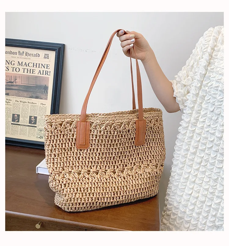 

Повседневная Соломенная вместительная сумка-тоут ручной работы, плетеная женская сумка на плечо, летние пляжные сумки большого размера, Ба...