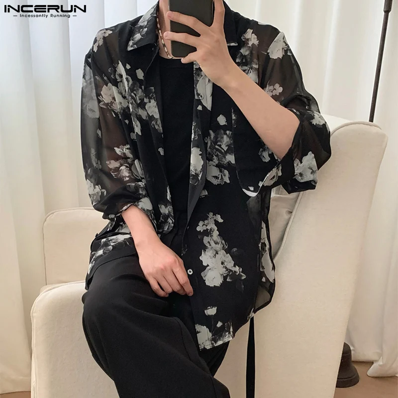 

INCERUN Tops 2023 Korean Style Mens Slightly See-through Ink Tie Dyed Printing Shirts Leisure Hot Sale Long Sleeved Blouse S-5XL
