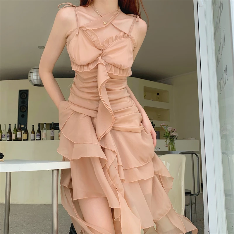 

French Sweet and Spicy Halter Neck Suspender Dress Women's Design Sense Cross Straps Lotus Leaf Skirt Waist A-line Short Dress