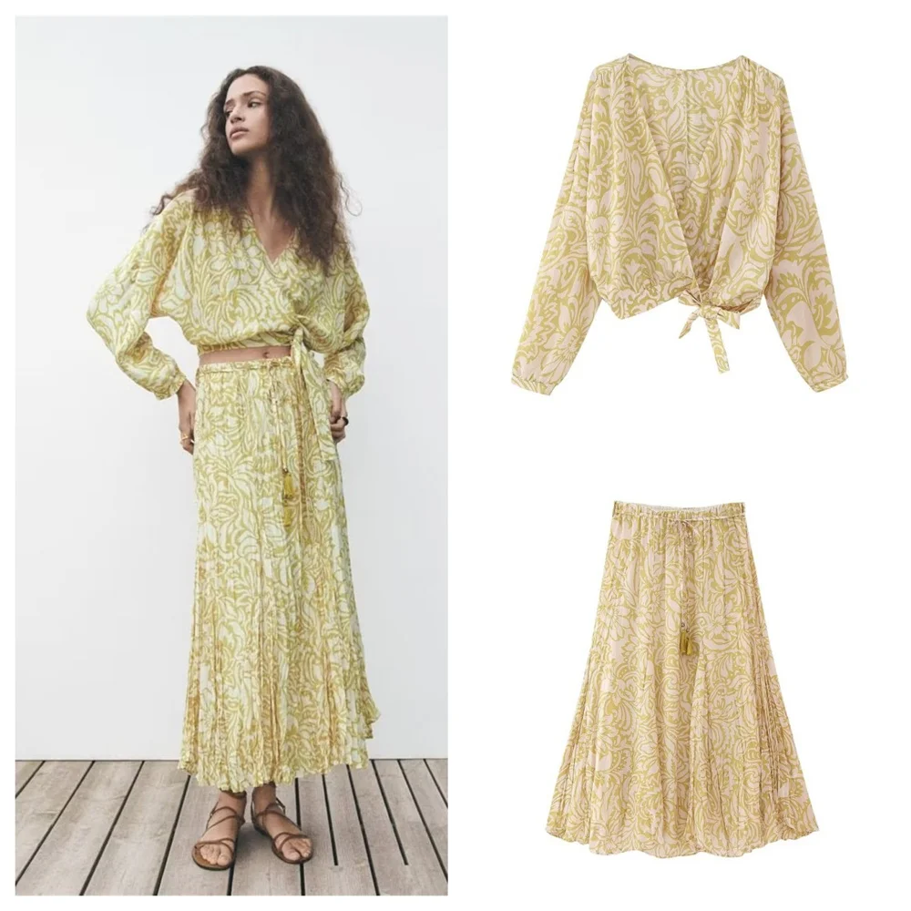 

Женская блузка с цветочным принтом, юбка с большой флейтой, эластичный пояс 2023 года, бант, завернутый в рубашку с длинными рукавами, складчатое платье со средними ногами