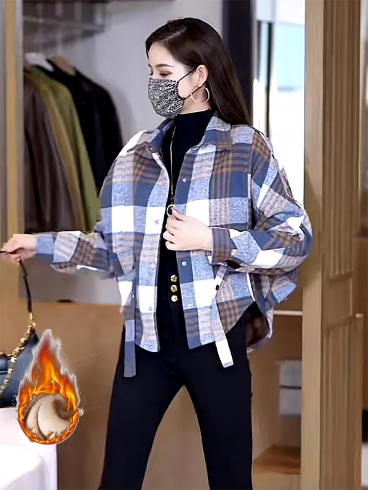 

Checkered Shirt Jackets for Women New Korean Winter Outer Elegant Bat Sleeve Slim Fit Jacket Winter Retro Short Thickened Jacket