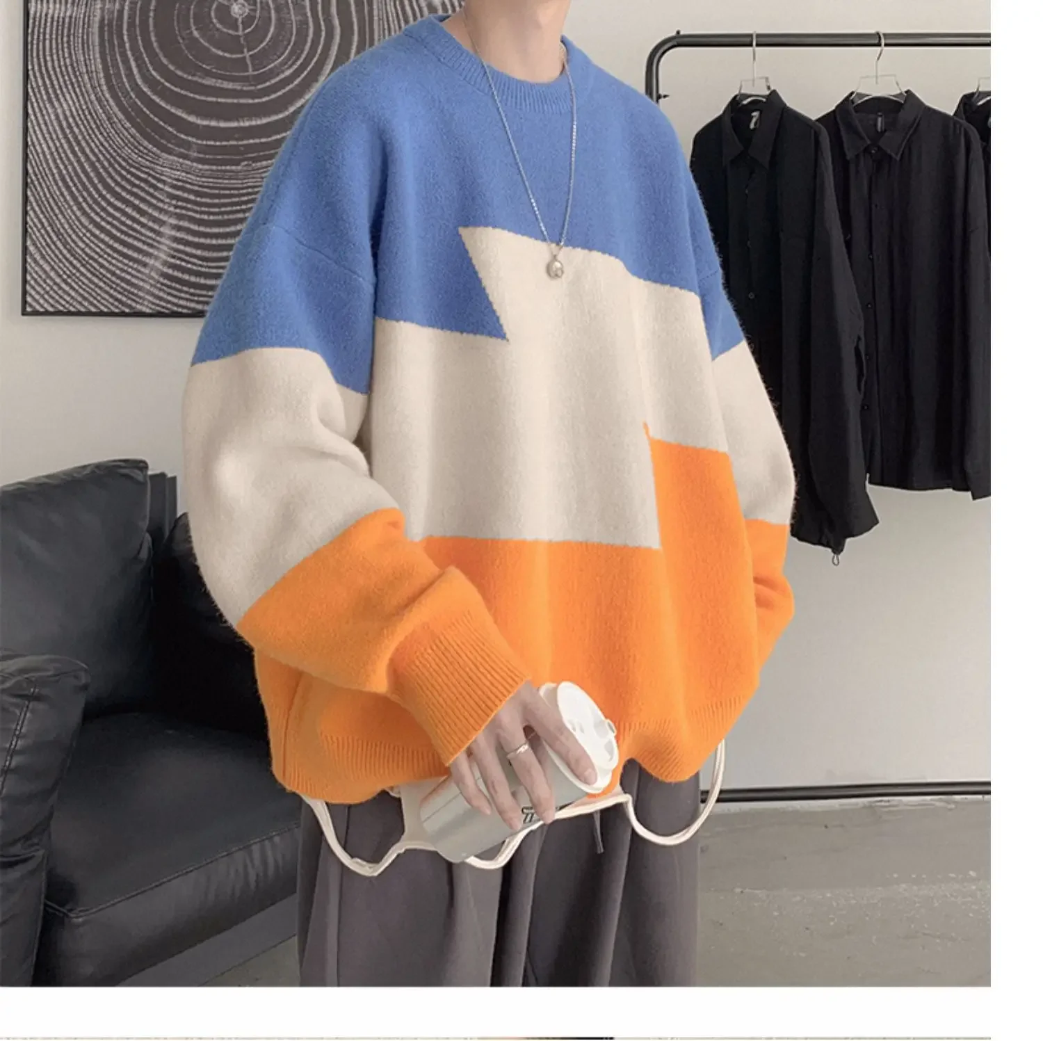 Новинка утепленный свитер контрастных цветов в гонконгском стиле Мужская