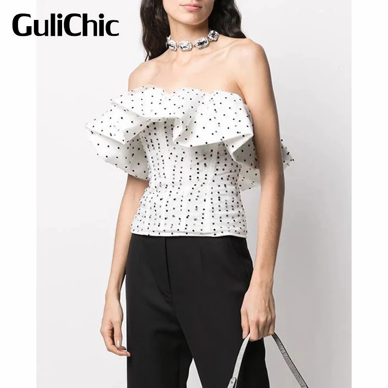 

6.5 GuliChic Women Fashion Polka Dot Ruffle Slim Collect Waist Strapless Tank Top