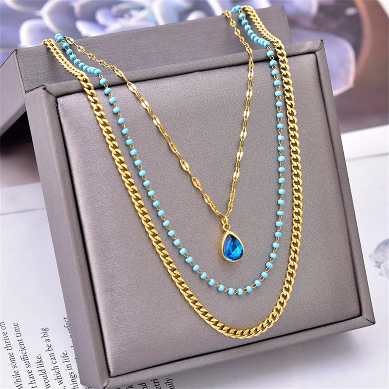

Stainless Steel Blue Water Drop Crystal Pendant Necklace For Women Girls New Trend 3in1 Cuban Chains Choker Jewelry Gift