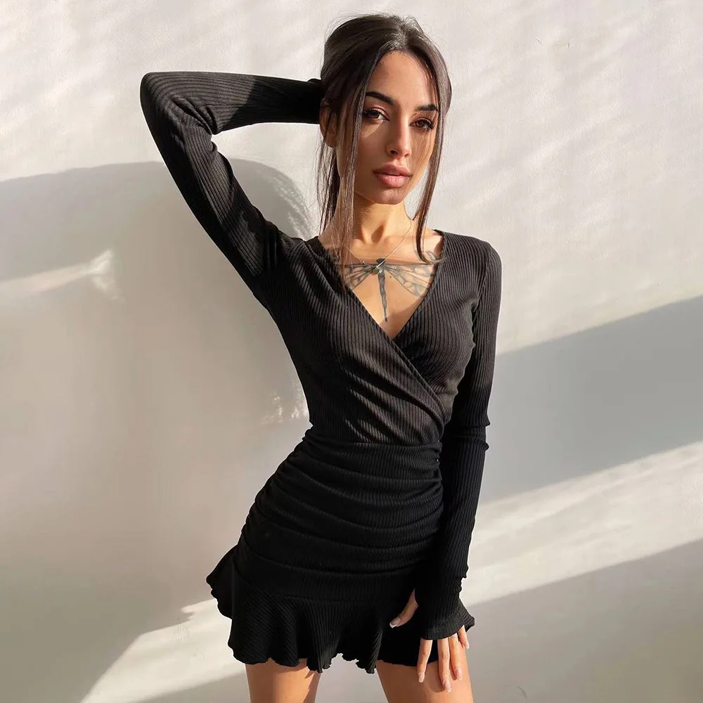 

European and American Women's Clothing 2022 Spring and Autumn New V-neck Slim Long-sleeved Knitted Dress Temperament Women