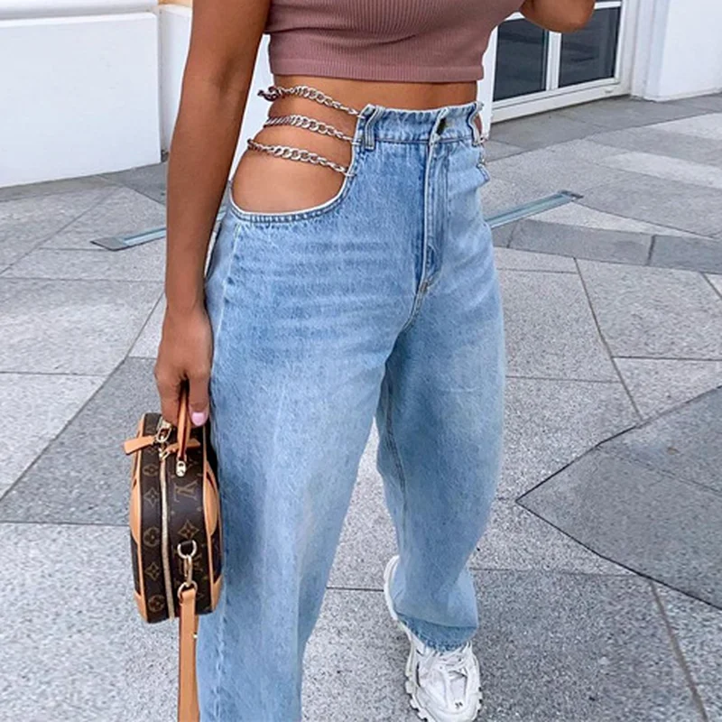 Hollow Chain High Waist Tailored Denim Casual Street Trousers Spring Long 2021 Summer New Trend Leggings Jeans Woman Pants 2021
