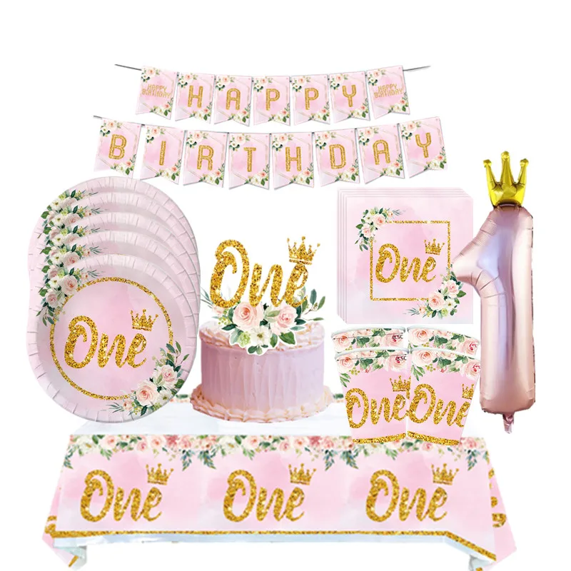 Украшения для первого дня рождения розовая корона с цветами одноразовая посуда