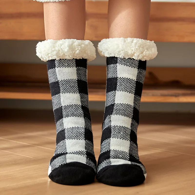 Winter Women Socks Thicken Snow Socks for Women Fashion Plaid Warm Floor Carpet Socks Non-slip Indoor Plush Slipper Sock
