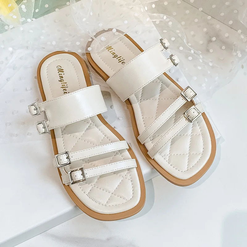 

Summer 2022 Fashion Style Double Buckle Strap PU Leather Sandals Women Soft Walking Slippers Casual Beach Shoes Plus Size 35-43