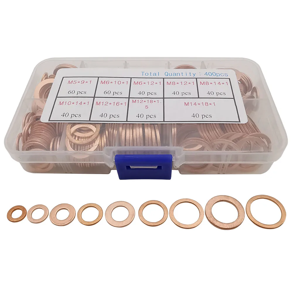 

400 шт./кор. медные шайбы, прокладка, плоское уплотнительное кольцо, твердые пробки поддона, масляная прокладка, набор инструментов для крепежа M5 M6 M8 M10 M12 M14