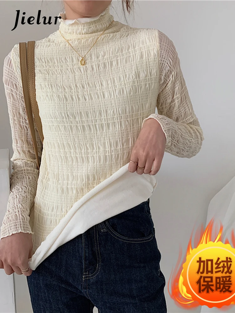 

Jielur Women Long Sleeves Lace T-Shirt Autumn Female Tees Solid Plush High Collar Thin Undershirt All-Match Office Lady Tops