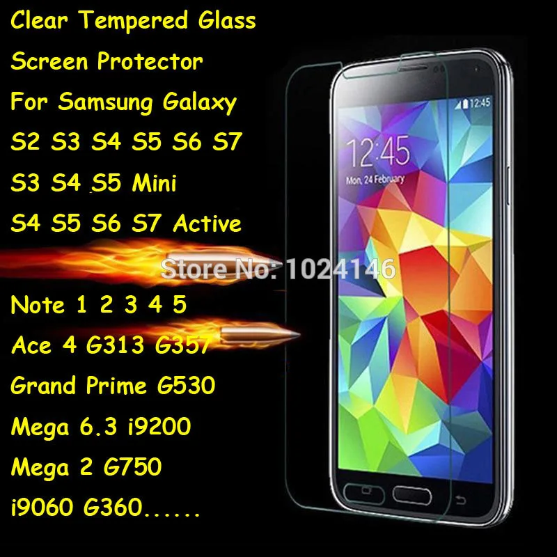 Tempered Glass Screen Protector Case For Samsung Galaxy S2 S3 S5 Mini S6 S7 Active Note 1 2 3 4 5 Core Prime i9060 G360