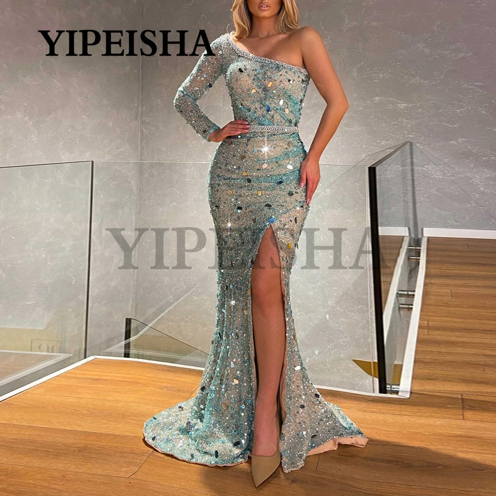 

Glittery One-Shoulder Mermaid robes de soirée Front High Split Sweep Train Prom Party Gown Sequined Sweep Train Sexy vestidos