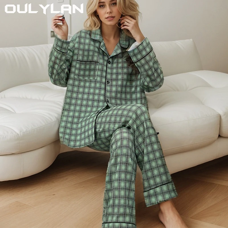 Кардиган женские пижамы брюки с длинными рукавами клетчатый домашний костюм