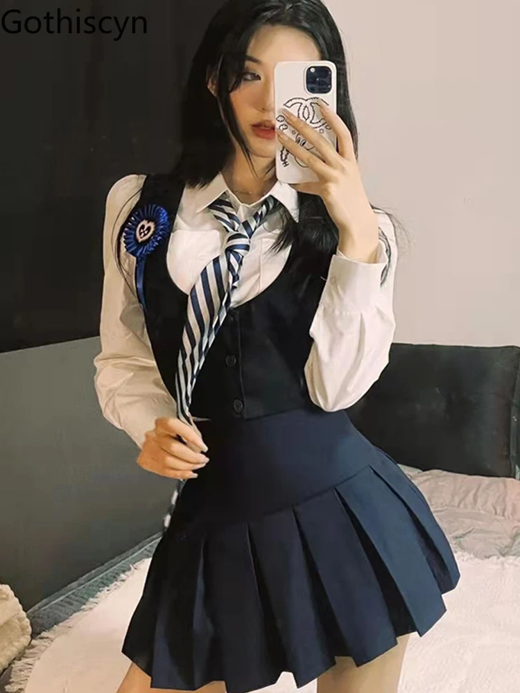 

Gothiscyn 3 Pieces Women Suit School American Retro Hot Girl Sexy Uniform Suit Preppy JK Vest Uniform Shirt Pleated Skirt Spring