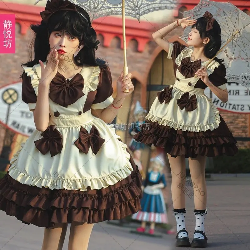 

New Japanese Kawaii Lolita Dress for Women Anime Cute Coffee Shop Maid Cosplay Costume Pink O-Neck Long Sleeves Cupcake Dress