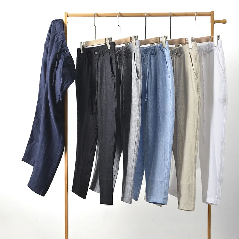 New Linen Pants Men Leisure Cropped Pants Men Elastic Waist Pants Breathable Straight Pants For Male Trouser