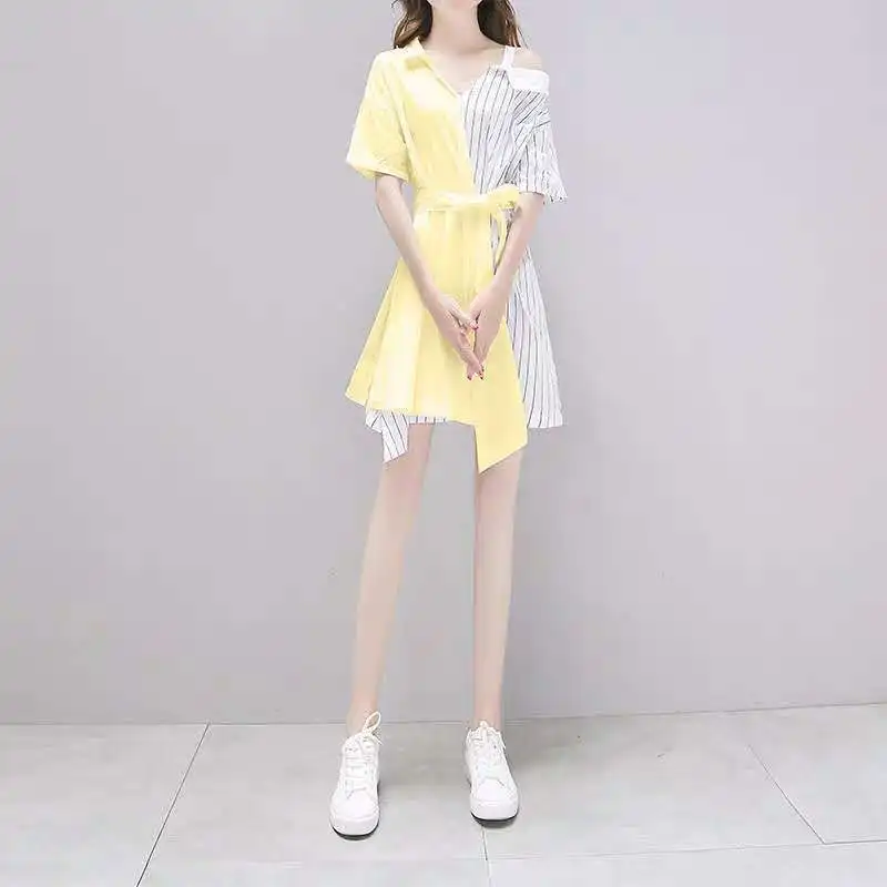 

2022Summer New Korean Style Fashionable Lady Shirt Sleeve Vintage Stripe Dress for Women Petite Short Dress