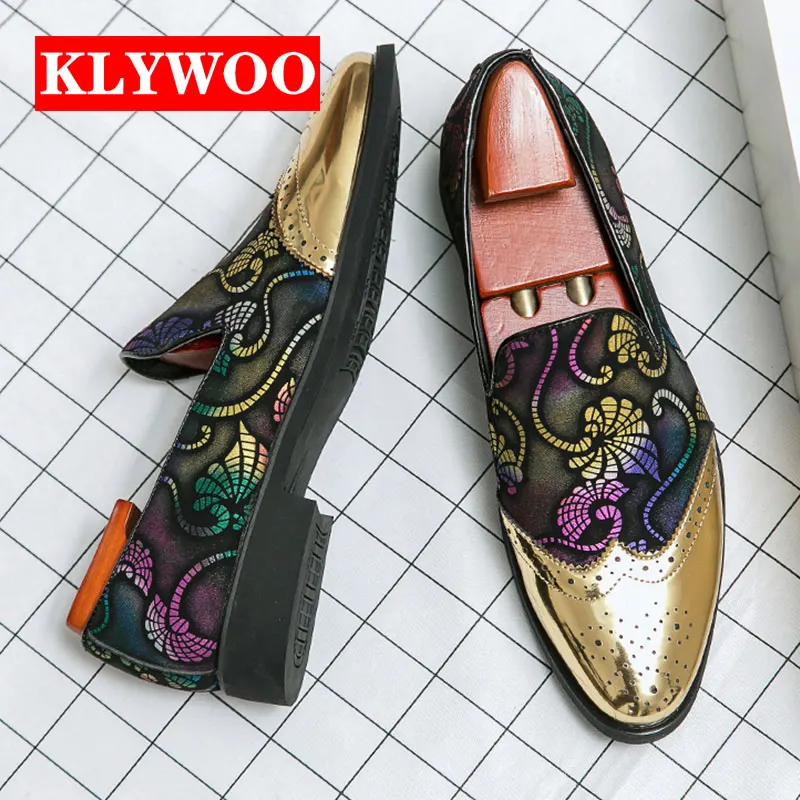 

KLYWOO Luxury Gold Men Wedding Formal Shoes Flower Moccasins Casual Shoes For Men Party Dress Shoes Italian Loafers Oxford Shoes