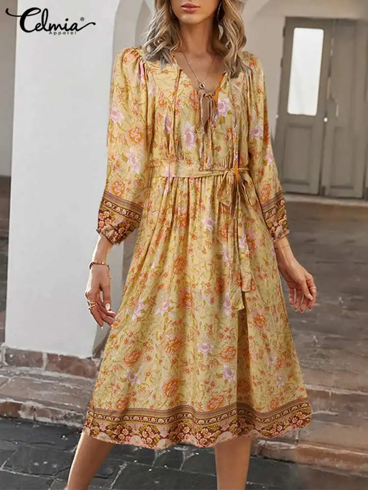 

Celmia Casual V Neck Lace Up Robe Vinage Bandage Waist Dress Bohemian Women Knee-length Dress Summer 3/4 Sleeve Floral Sundress