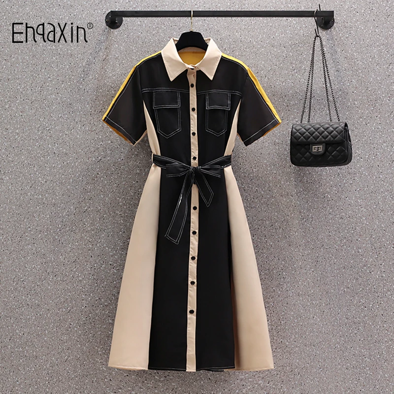 EHQAXIN 2022 Summer Women's Shirt Dresses New Contrast Color Patchwork Button Tie Bandwidth Loose Cardigan Dress Female M-4XL