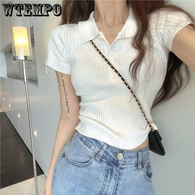 

Knitted Polo Collar Short Sleeves T-shirt Undershirt Women Crop Top Korean Fashion Thin Pullover Commuting Simple Casual Summer