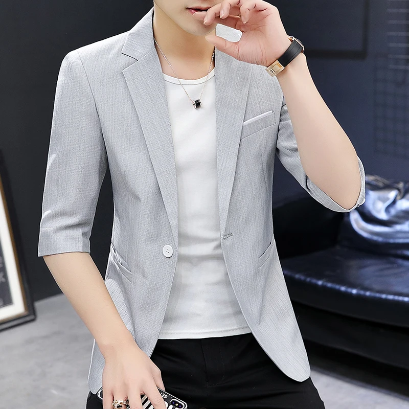 

Spring and Autumn New Long Sleeve Seamless Suit Men's Non-ironing Crease Resistant Ice Thin Coat Pure Color Casual Elastic Suit