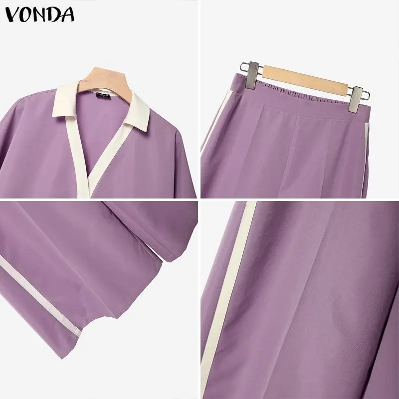 Фото VONDA Элегантные летне-осенние женские брючные костюмы, комплекты больших размеров с пэчворком, женские топы с рукавом 3/4, широкие брюки, уличная одежда, размеры L-5XL №5