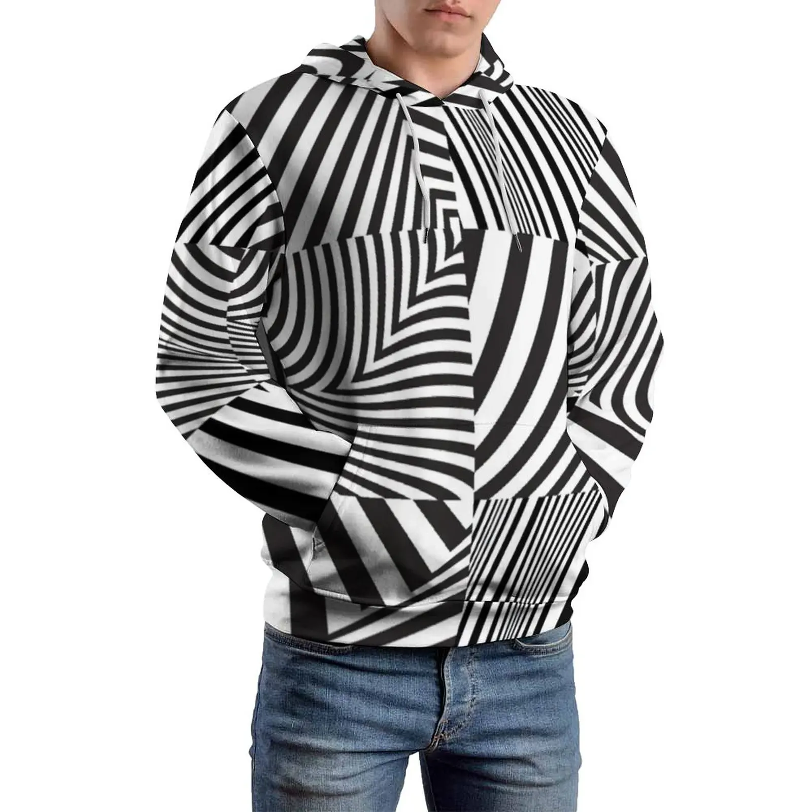 

Retro Mod Squared Loose Hoodies Abstract Stripes Streetwear Pullover Hoodie Male Long Sleeve Retro Graphic Hooded Sweatshirts