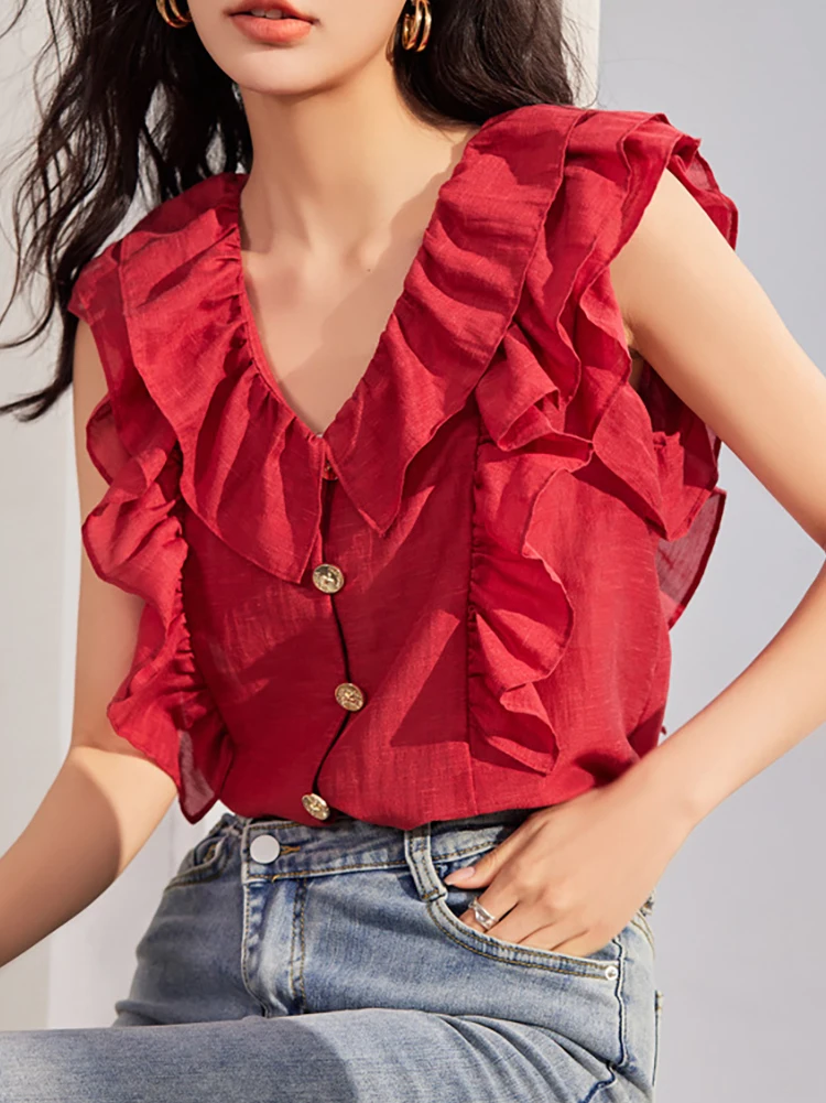 

2023 French Red V-neck Ruffled Flying Sleeve Short Shirt Women's Summer Chic Sleeveless Top Women Blouse Women Tops Shirt