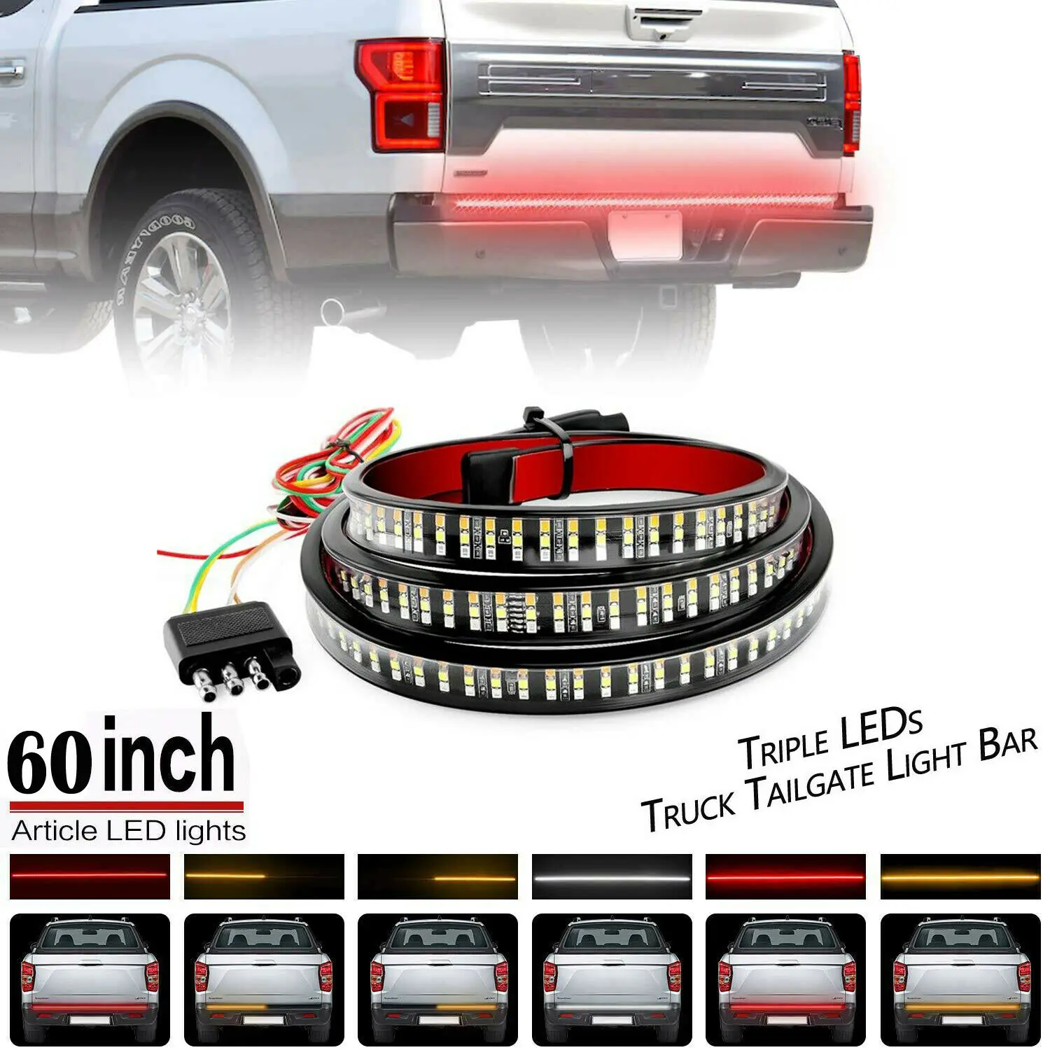 6-режимная 60-дюймовая 432LED лента для грузовика, световая полоса для задних ворот, 3-рядный сигнал обратного тормоза